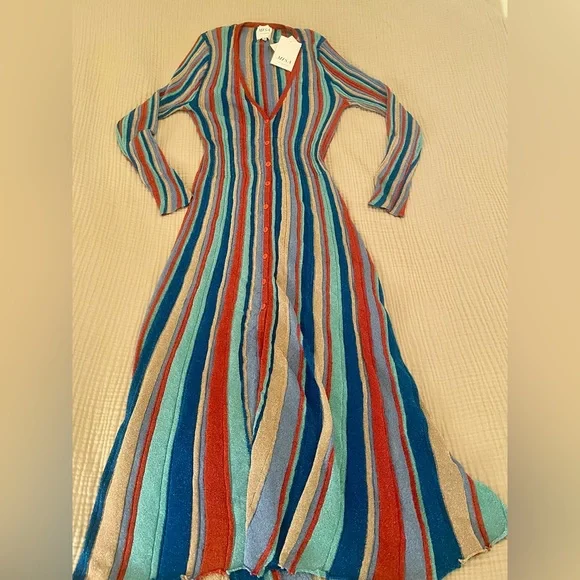 ๐ NWT Misa Los Angeles Rafael Striped, Metallic Long Sleeve Midi Dress. Medium. - Picture 3 of 7